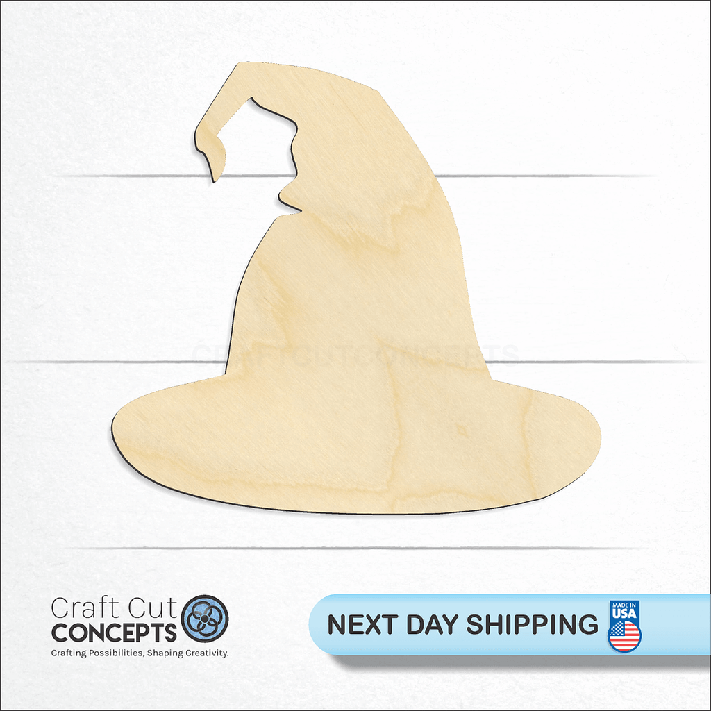 Craft Cut Concepts logo and next day shipping banner with an unfinished wood Witch Hat craft shape and blank