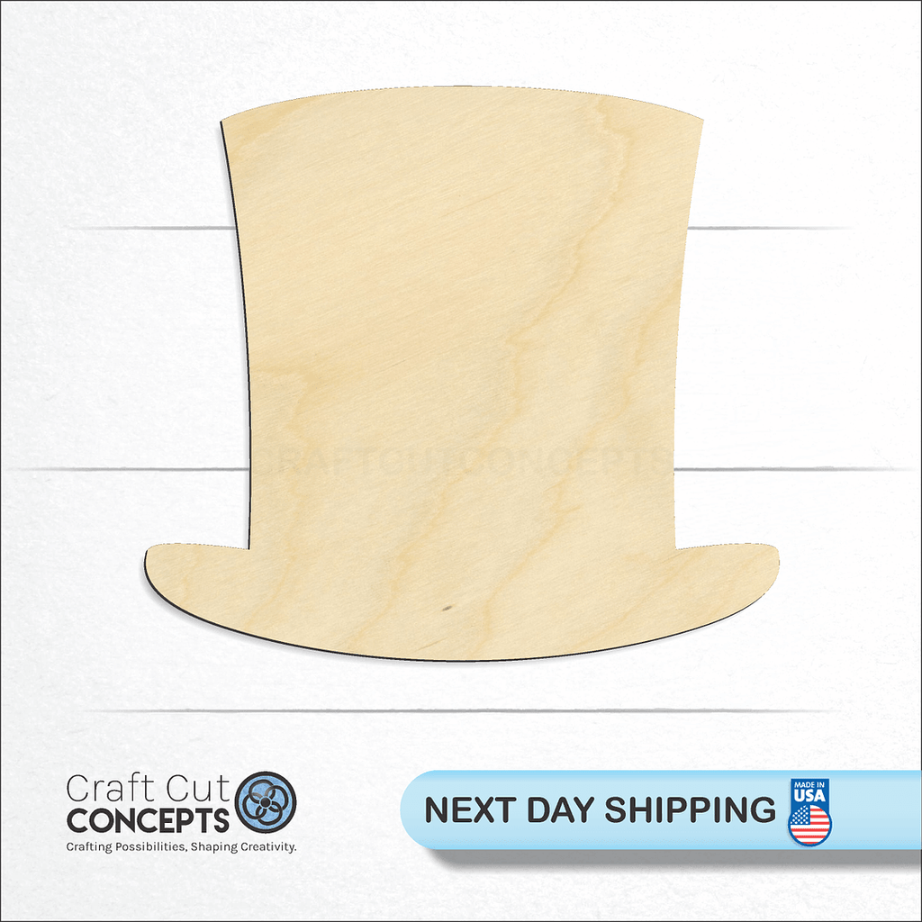 Craft Cut Concepts logo and next day shipping banner with an unfinished wood Top Hat craft shape and blank