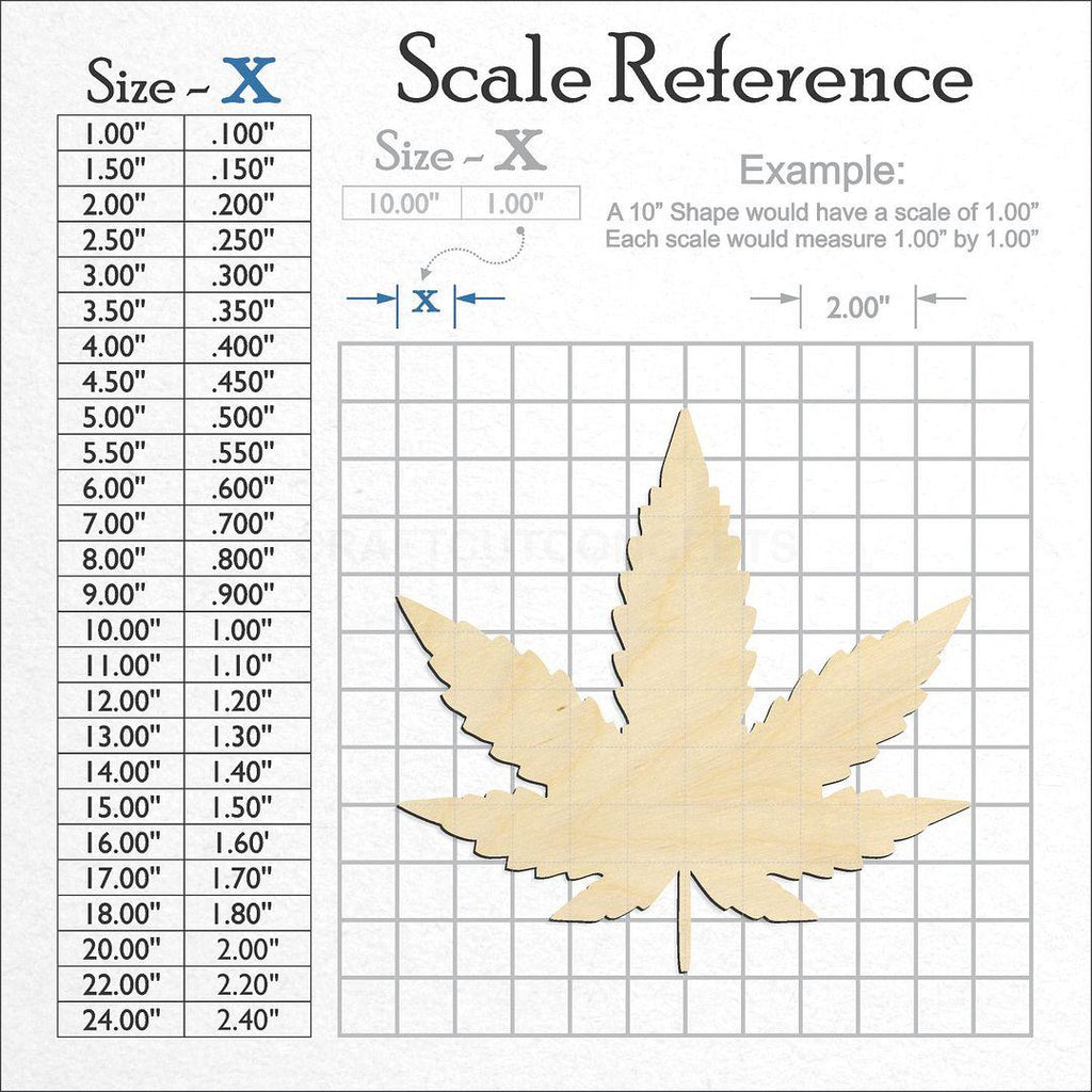 A scale and graph image showing a wood Weed Leaf craft blank