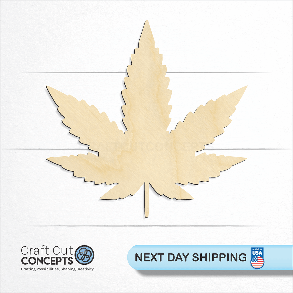 Craft Cut Concepts logo and next day shipping banner with an unfinished wood Weed Leaf craft shape and blank