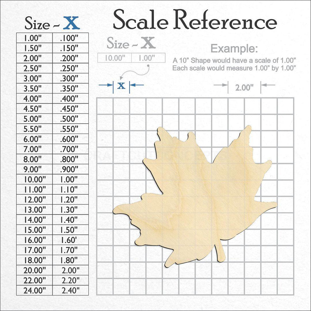 A scale and graph image showing a wood Simple Maple Leaf craft blank