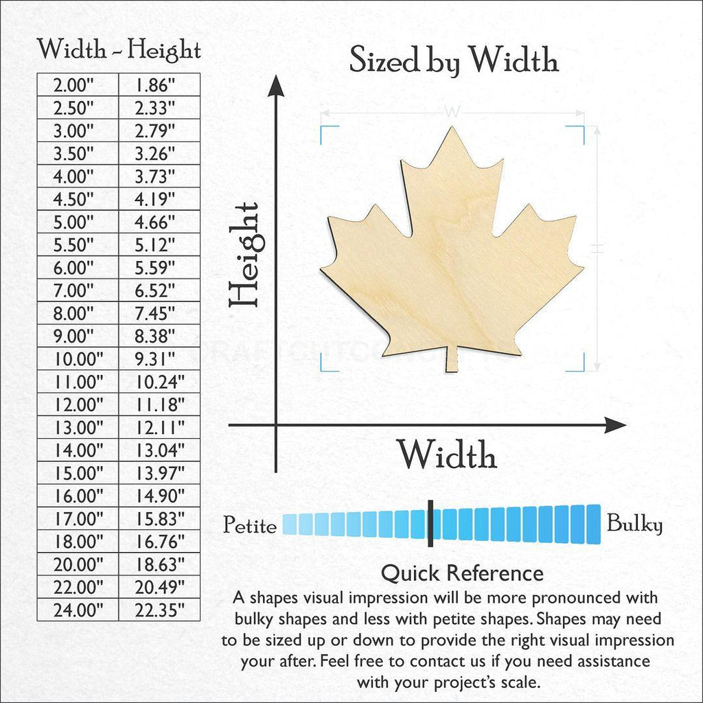 Sizes available for a laser cut CAD Maple Leaf craft blank