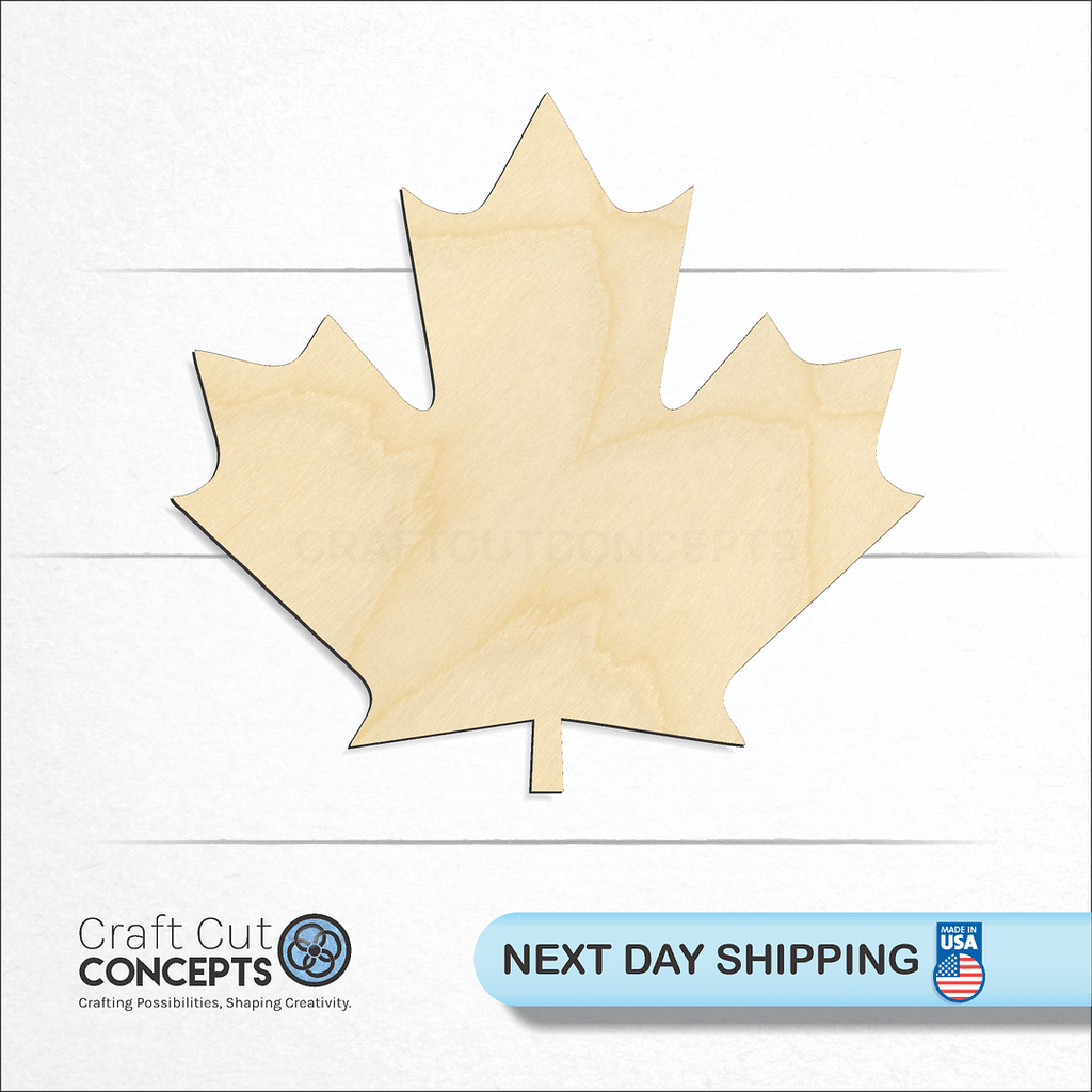 Craft Cut Concepts logo and next day shipping banner with an unfinished wood CAD Maple Leaf craft shape and blank