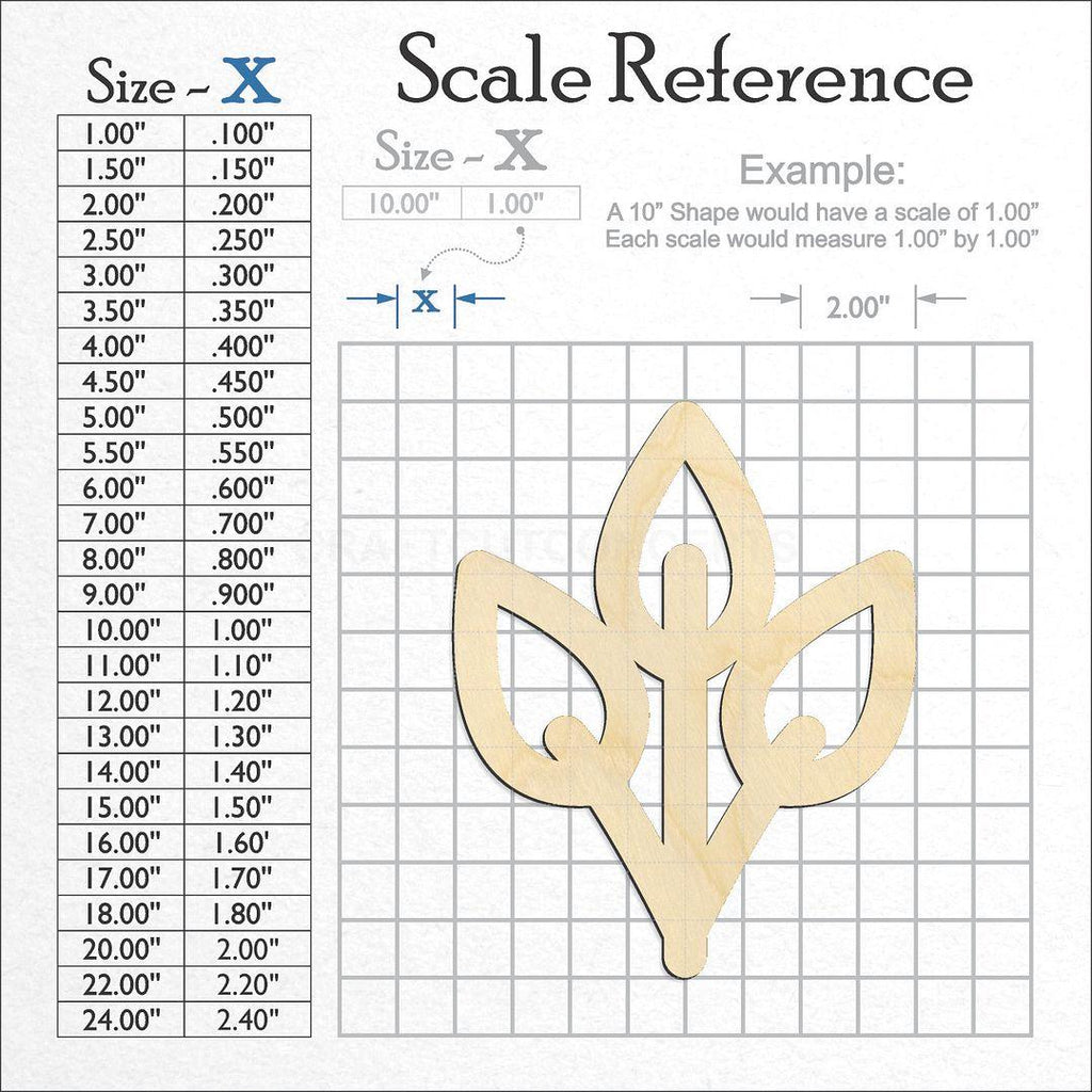 A scale and graph image showing a wood Three Leaf Branch craft blank