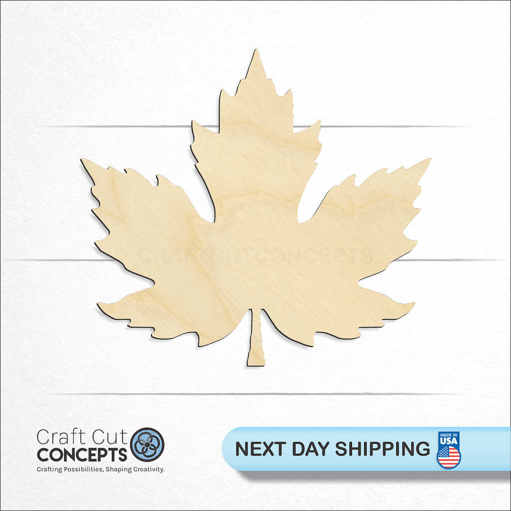 Craft Cut Concepts logo and next day shipping banner with an unfinished wood Detailed Maple Leaf craft shape and blank