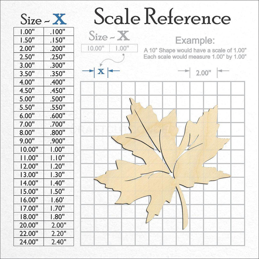 A scale and graph image showing a wood Detailed Maple Leaf craft blank