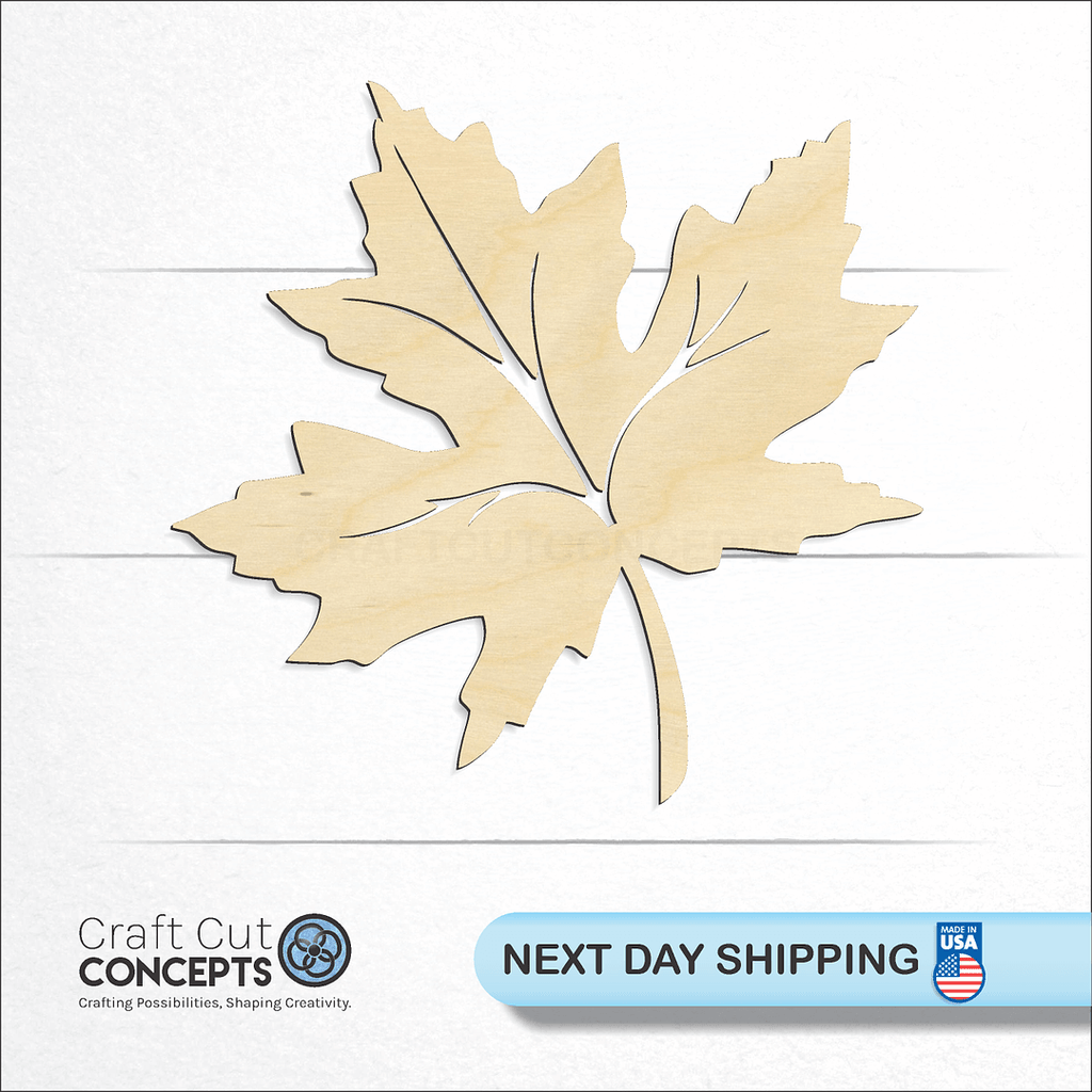 Craft Cut Concepts logo and next day shipping banner with an unfinished wood Detailed Maple Leaf craft shape and blank