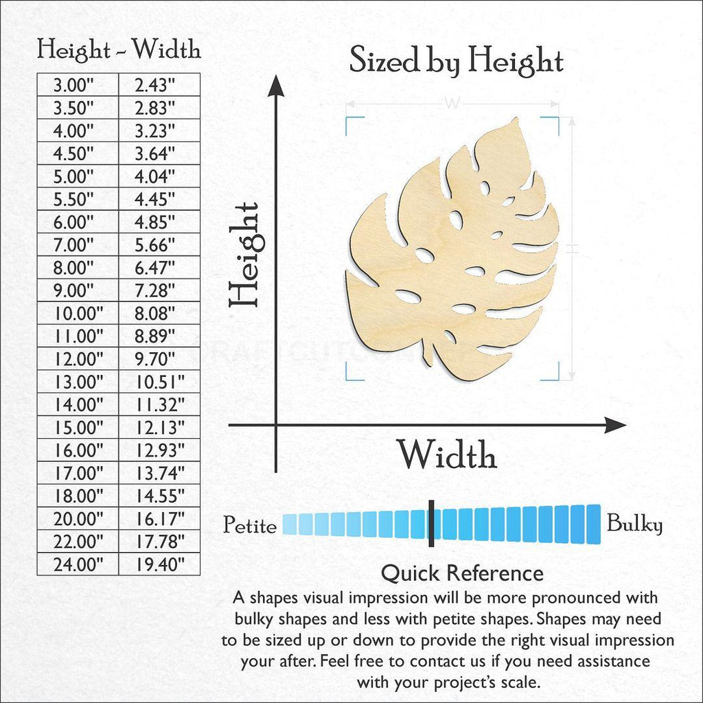 Sizes available for a laser cut Tropical Leaf craft blank