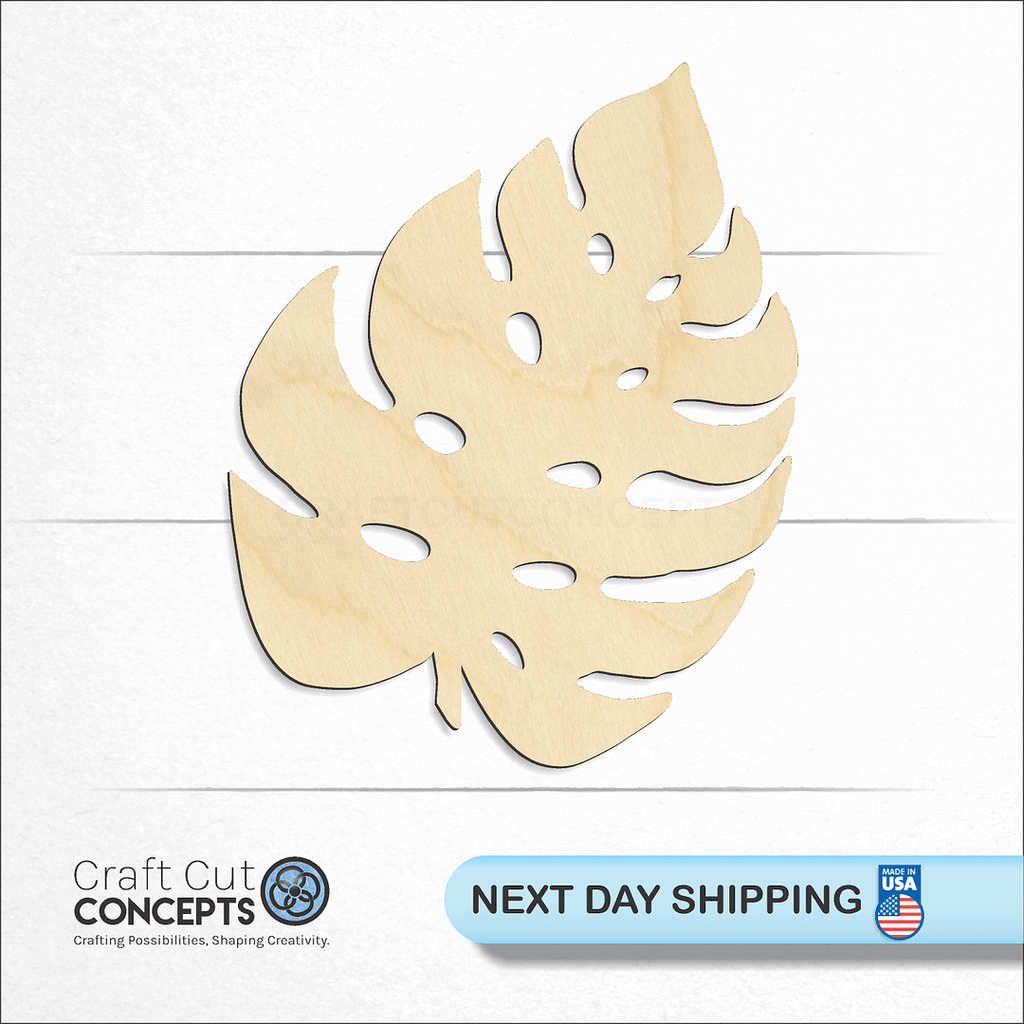 Craft Cut Concepts logo and next day shipping banner with an unfinished wood Tropical Leaf craft shape and blank