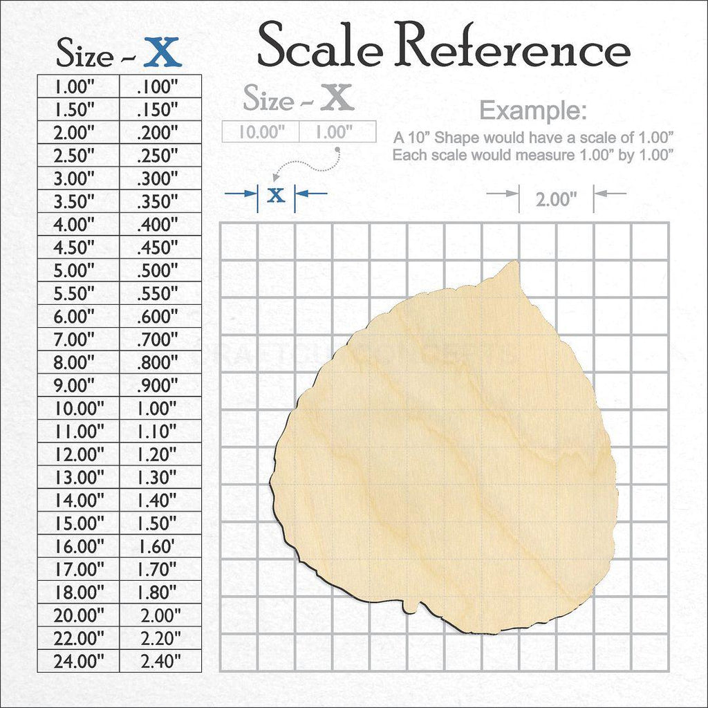 A scale and graph image showing a wood Aspen Leaf craft blank