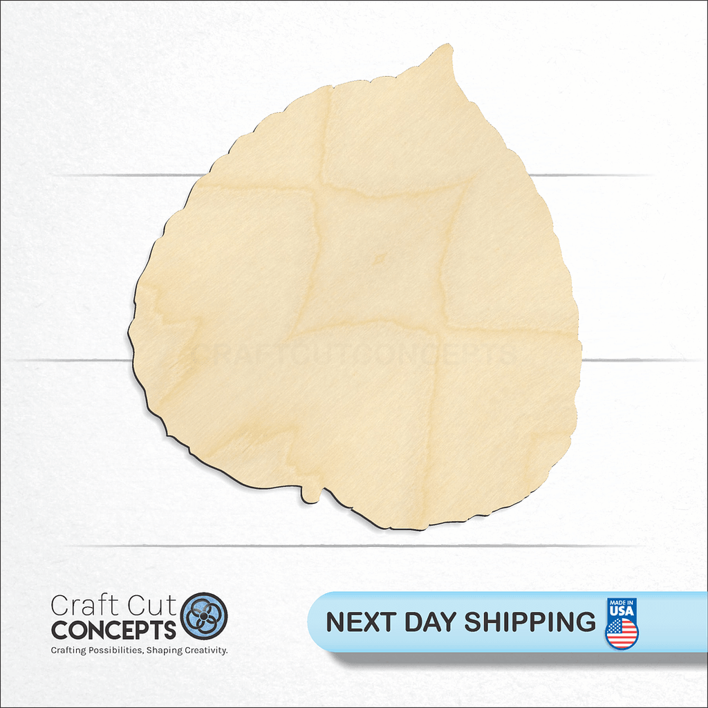 Craft Cut Concepts logo and next day shipping banner with an unfinished wood Aspen Leaf craft shape and blank