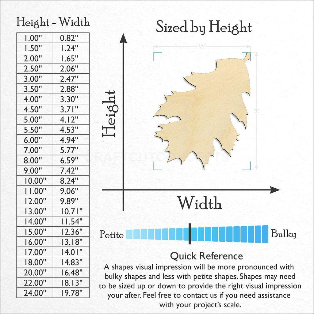 Sizes available for a laser cut Oak Leaf craft blank