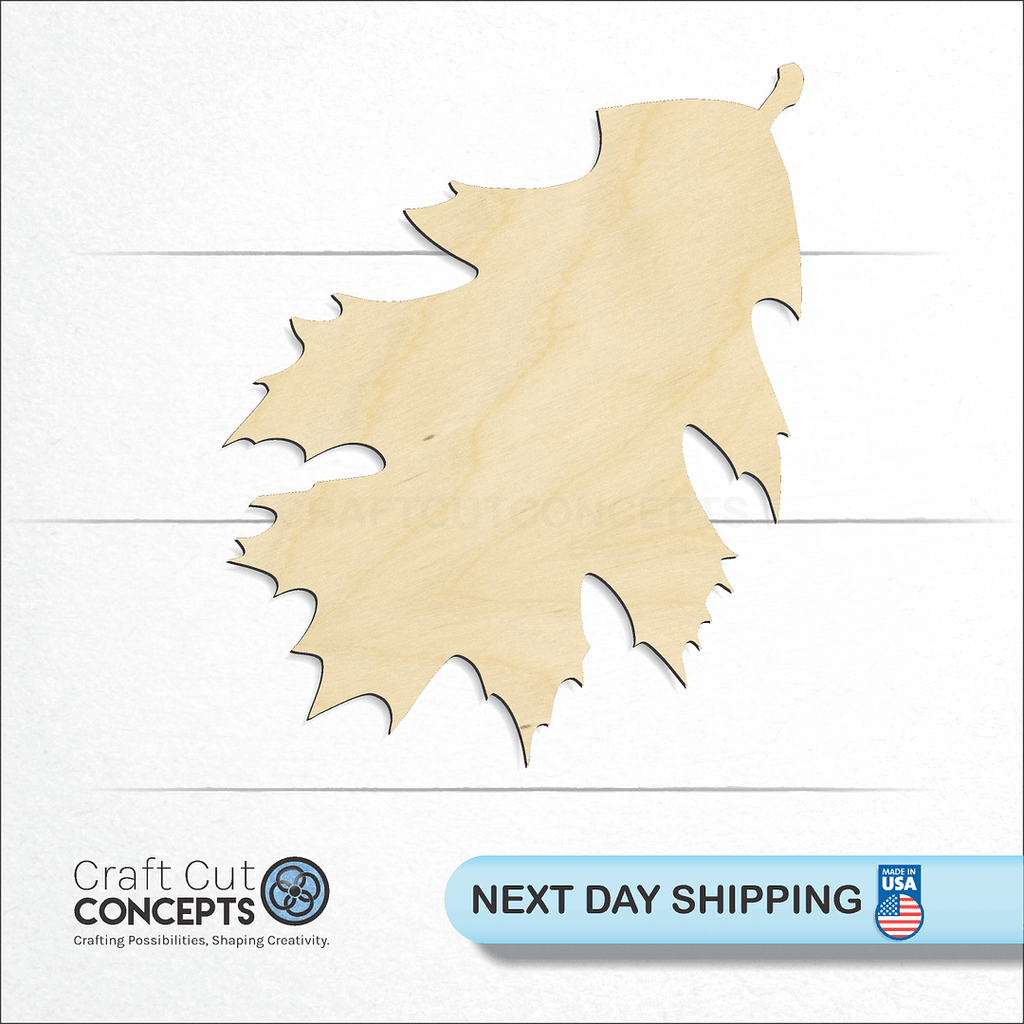 Craft Cut Concepts logo and next day shipping banner with an unfinished wood Oak Leaf craft shape and blank