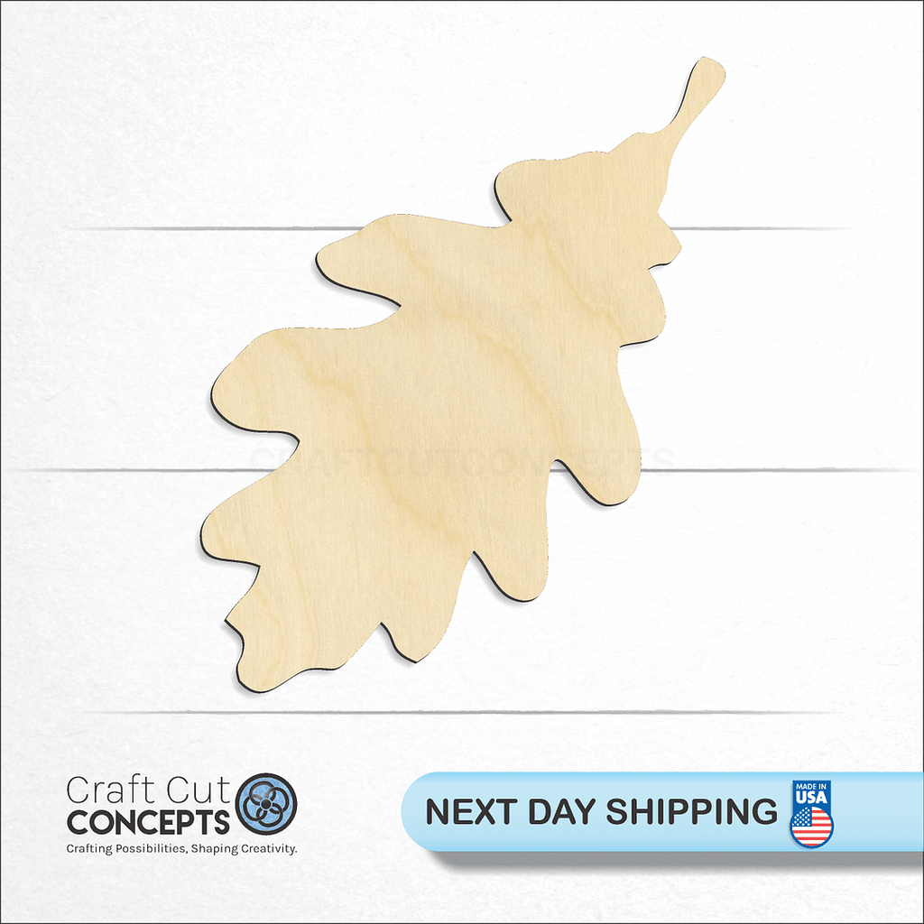 Craft Cut Concepts logo and next day shipping banner with an unfinished wood Oak Leaf craft shape and blank