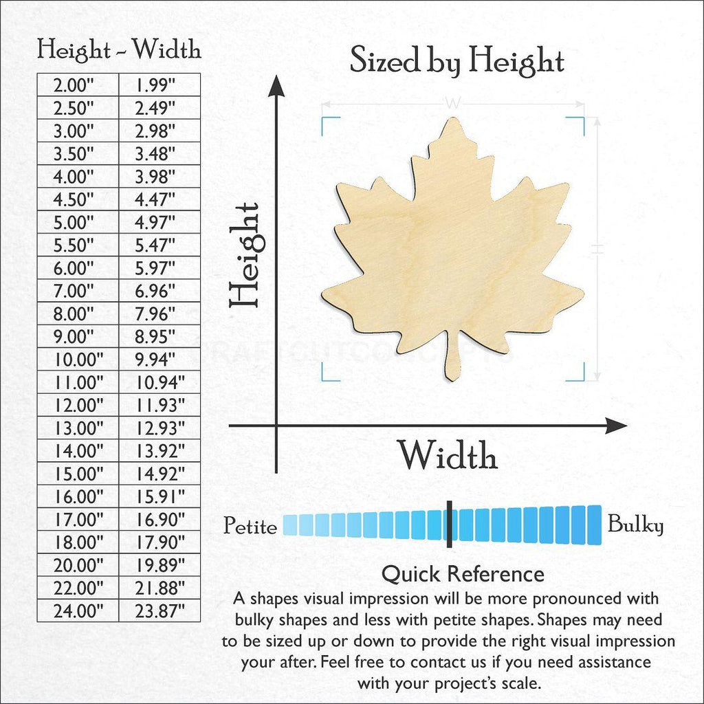 Sizes available for a laser cut Maple Leaf craft blank