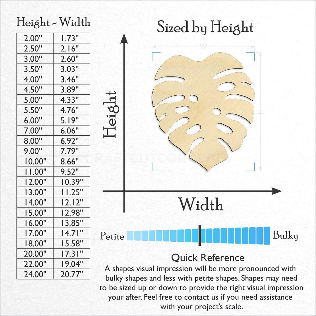 Sizes available for a laser cut Monstera Leaf craft blank