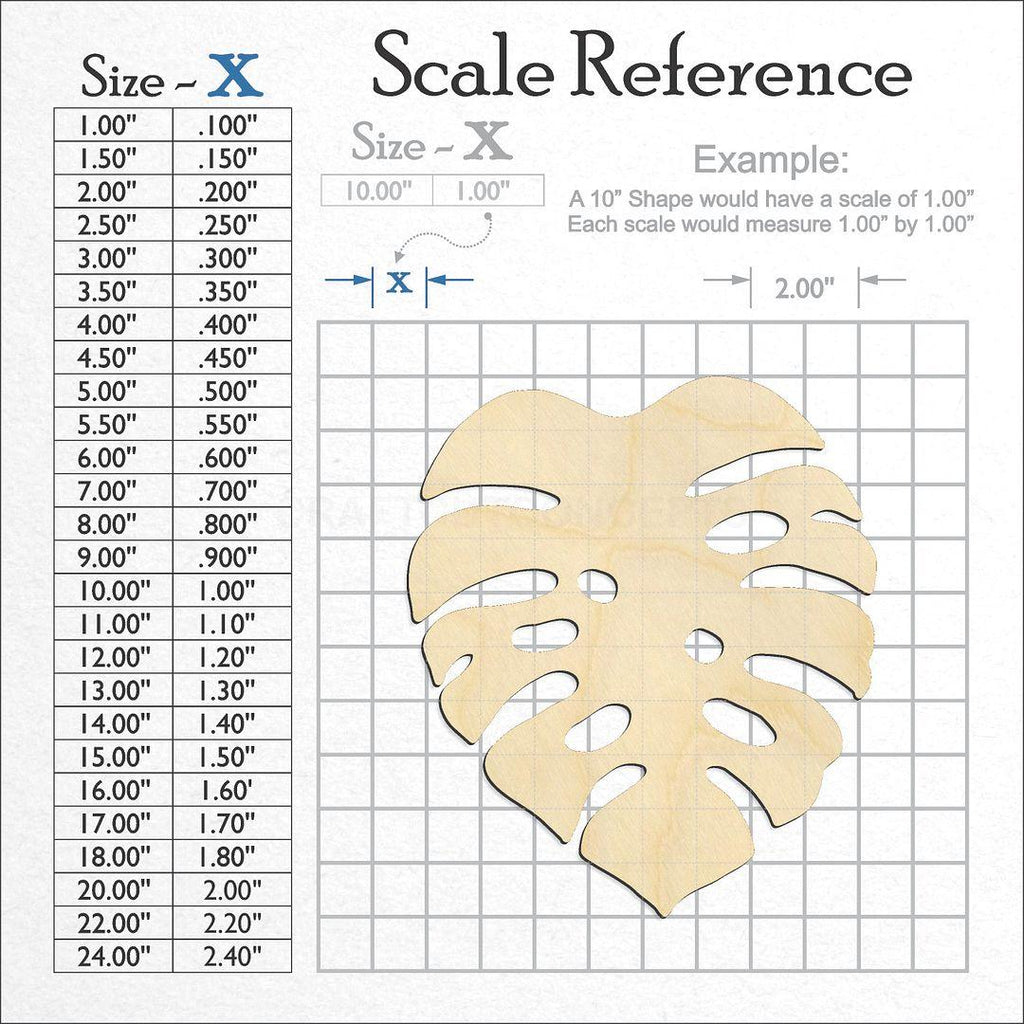 A scale and graph image showing a wood Monstera Leaf craft blank