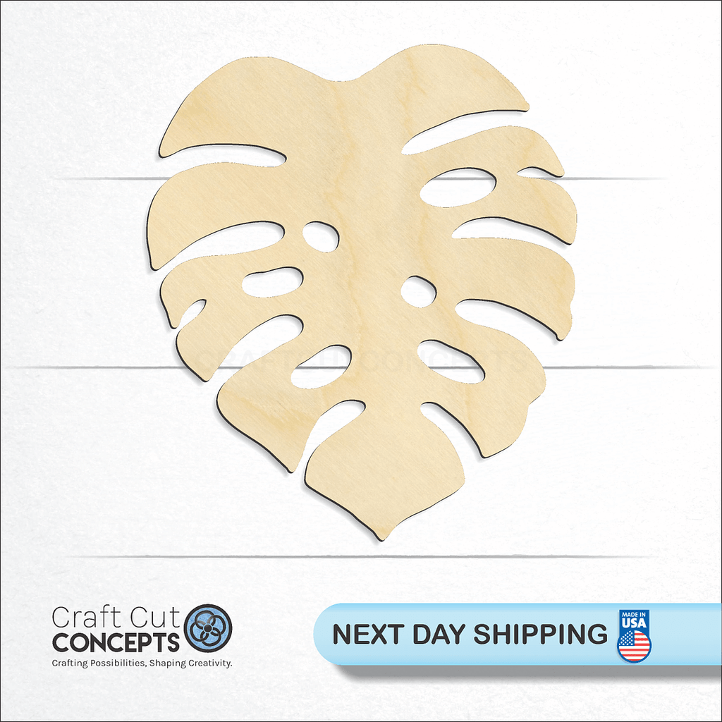 Craft Cut Concepts logo and next day shipping banner with an unfinished wood Monstera Leaf craft shape and blank