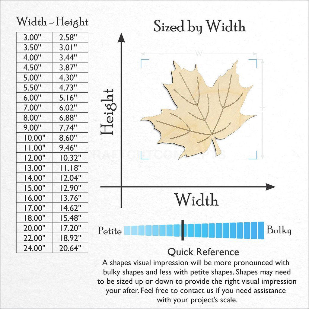 Sizes available for a laser cut Maple Leaf craft blank