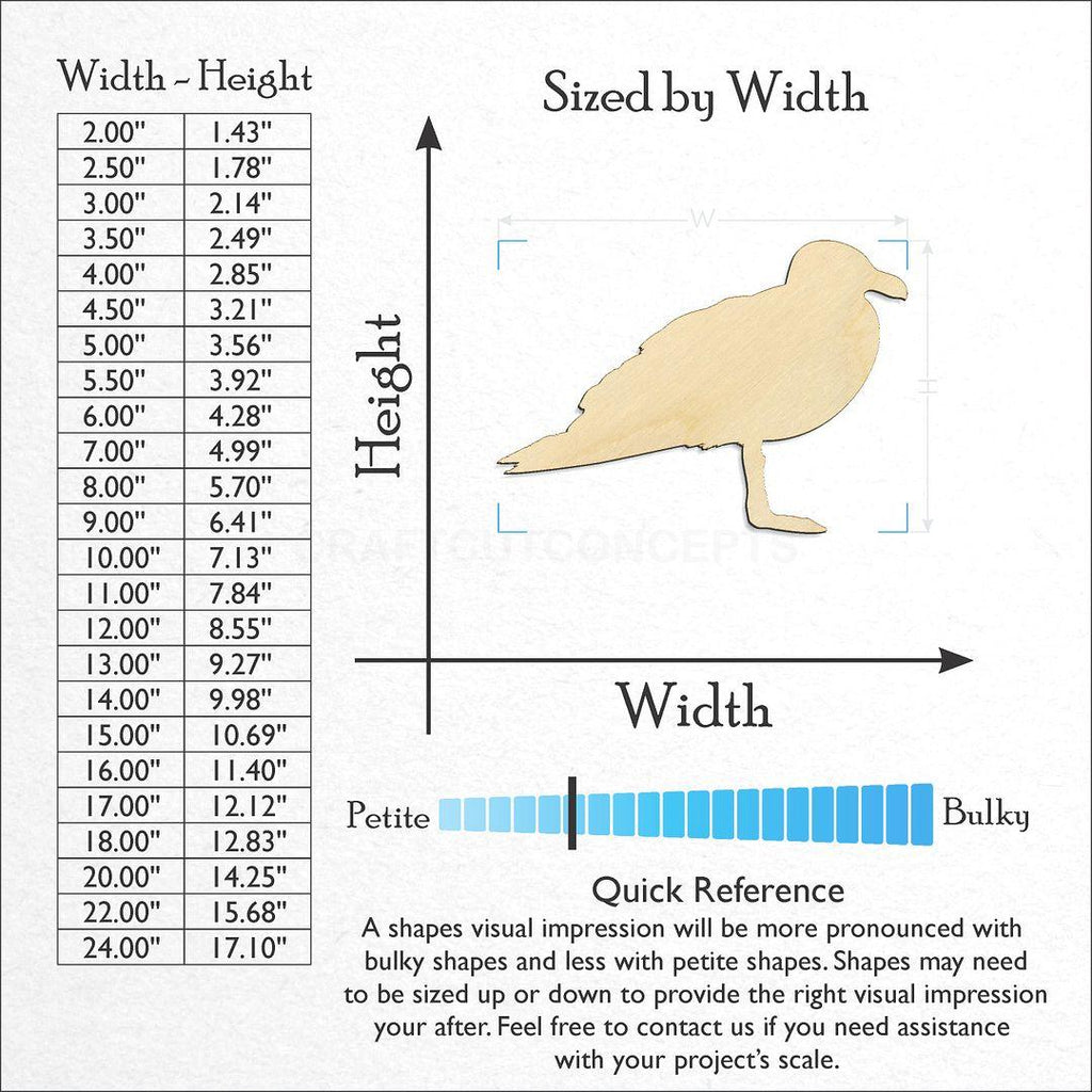 Sizes available for a laser cut Seagul-2 craft blank