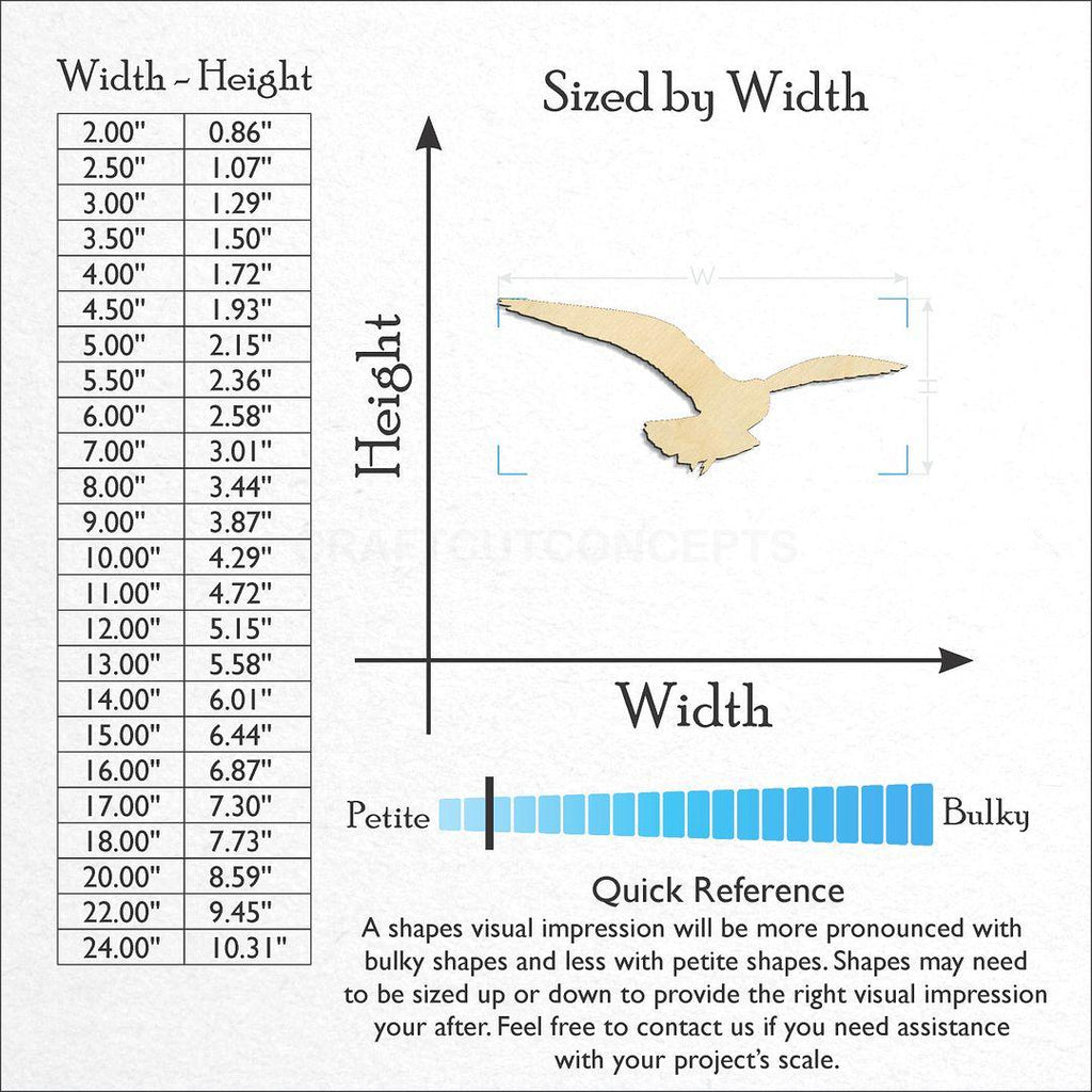 Sizes available for a laser cut Seagul-3 craft blank