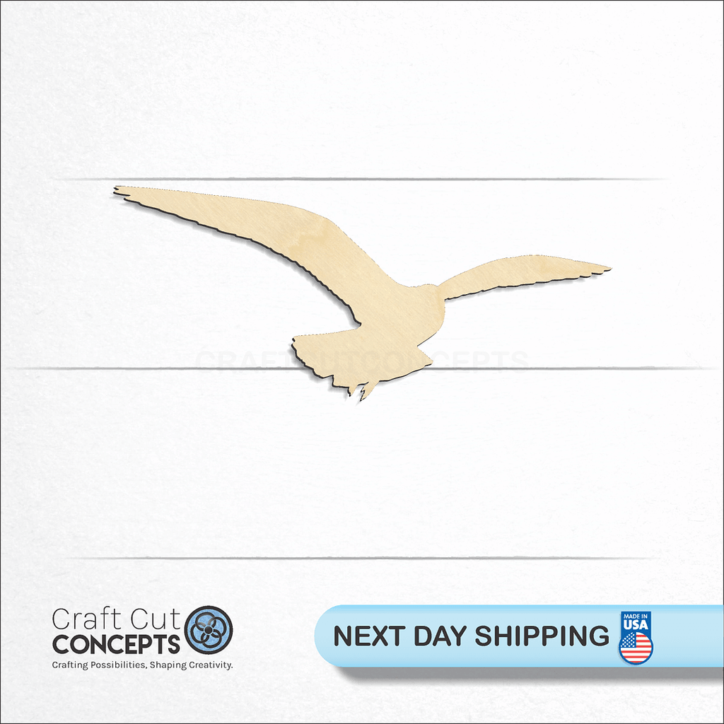 Craft Cut Concepts logo and next day shipping banner with an unfinished wood Seagul-3 craft shape and blank