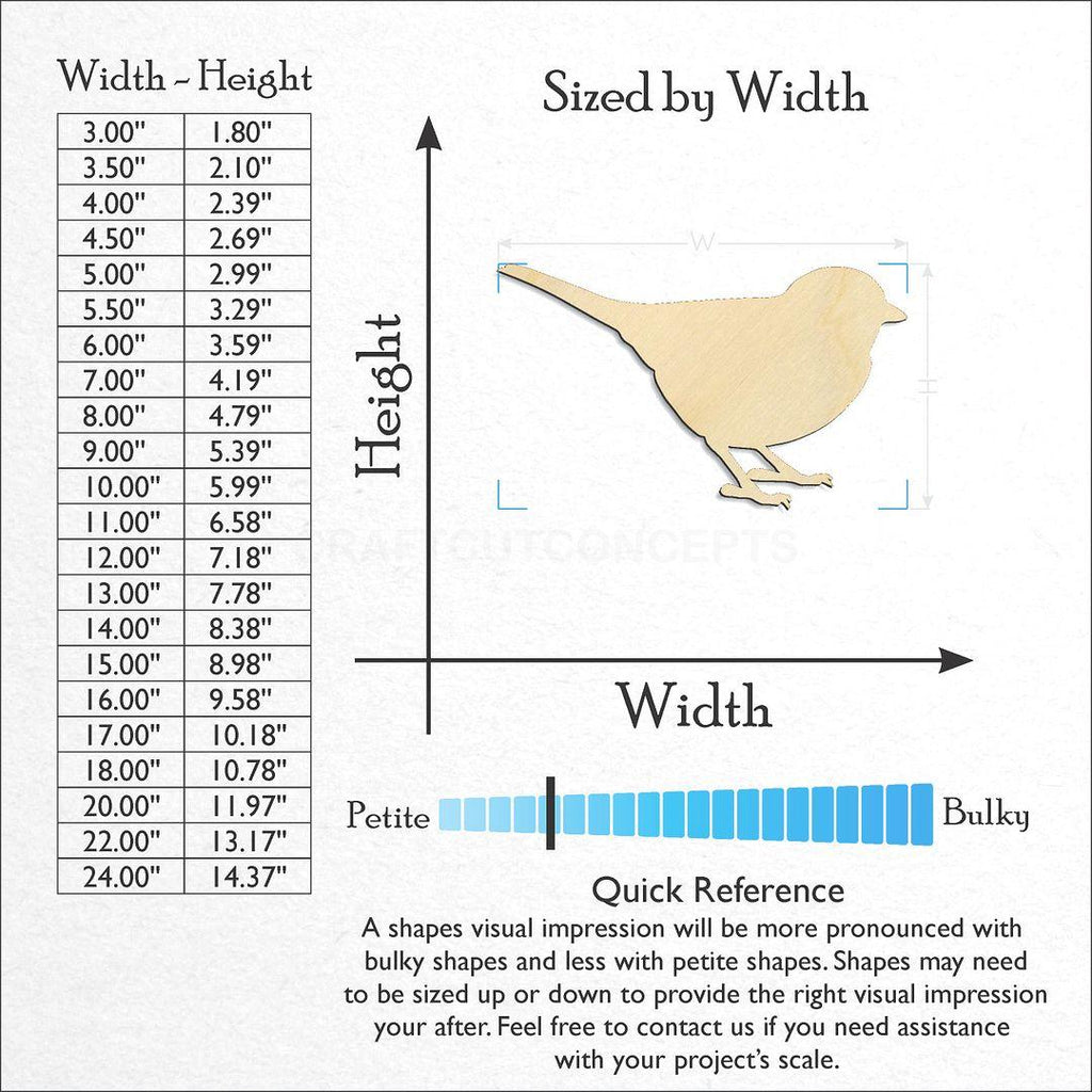 Sizes available for a laser cut Bird - Chikadee craft blank