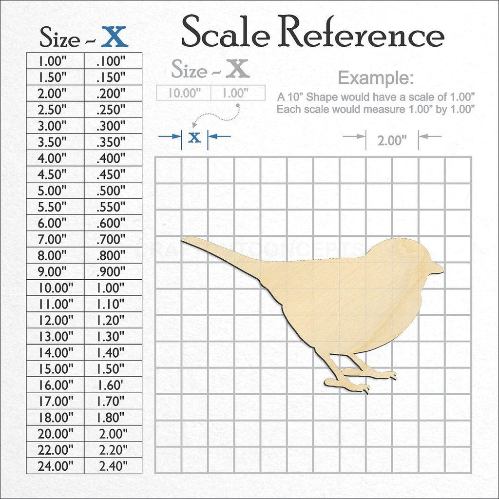 A scale and graph image showing a wood Bird - Chikadee craft blank