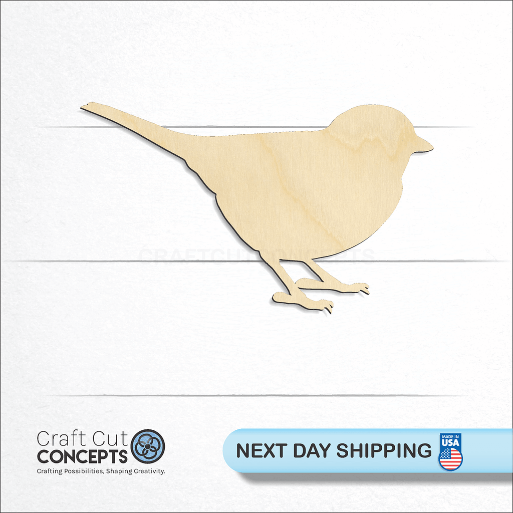 Craft Cut Concepts logo and next day shipping banner with an unfinished wood Bird - Chikadee craft shape and blank