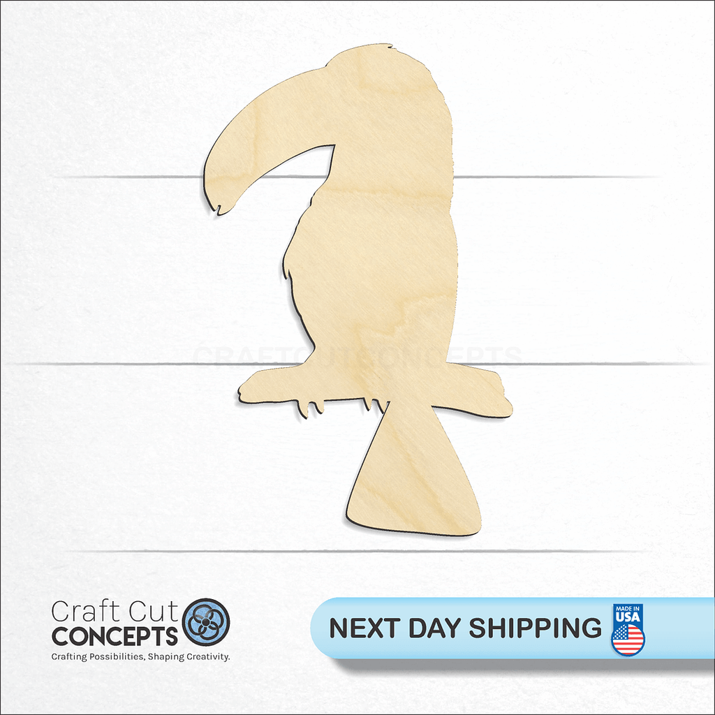 Craft Cut Concepts logo and next day shipping banner with an unfinished wood Bird - Toucan craft shape and blank