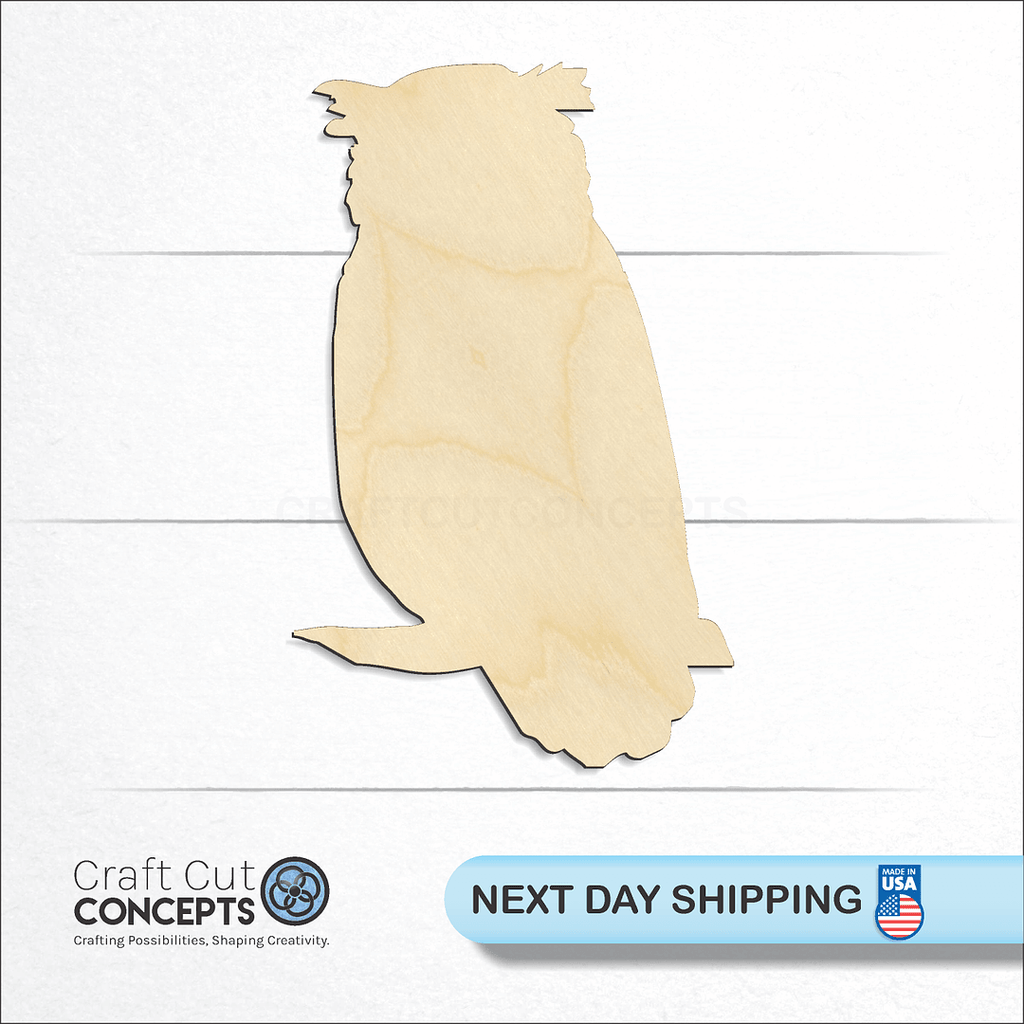 Craft Cut Concepts logo and next day shipping banner with an unfinished wood Bird - Owl craft shape and blank