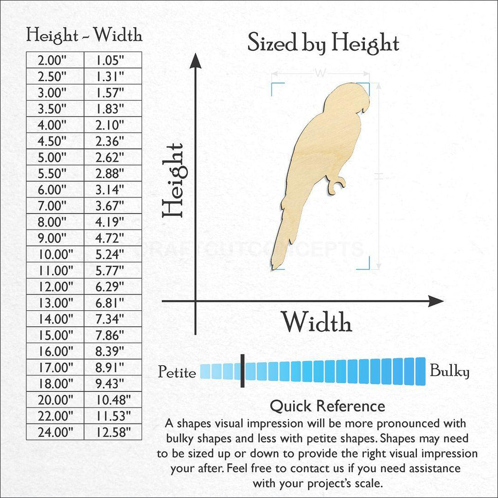 Sizes available for a laser cut Parrot craft blank