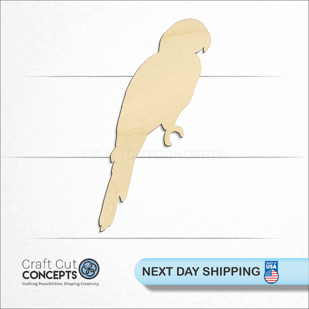 Craft Cut Concepts logo and next day shipping banner with an unfinished wood Parrot craft shape and blank