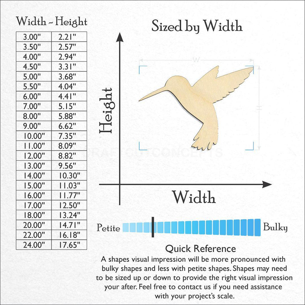 Sizes available for a laser cut Hummingbird craft blank