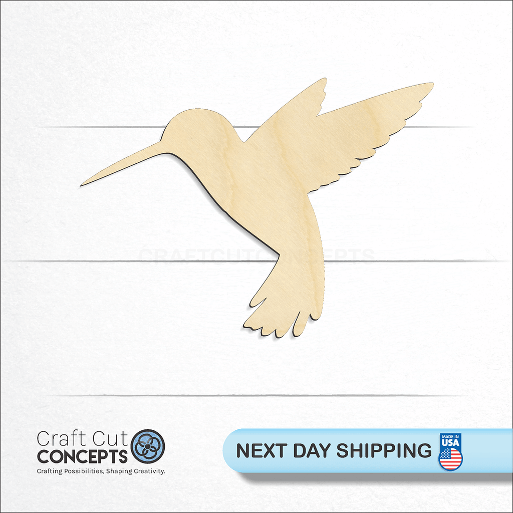 Craft Cut Concepts logo and next day shipping banner with an unfinished wood Hummingbird craft shape and blank