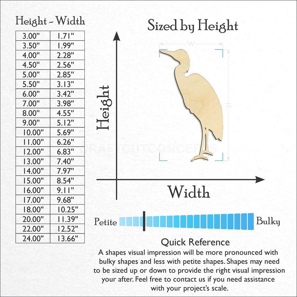 Sizes available for a laser cut Heron craft blank