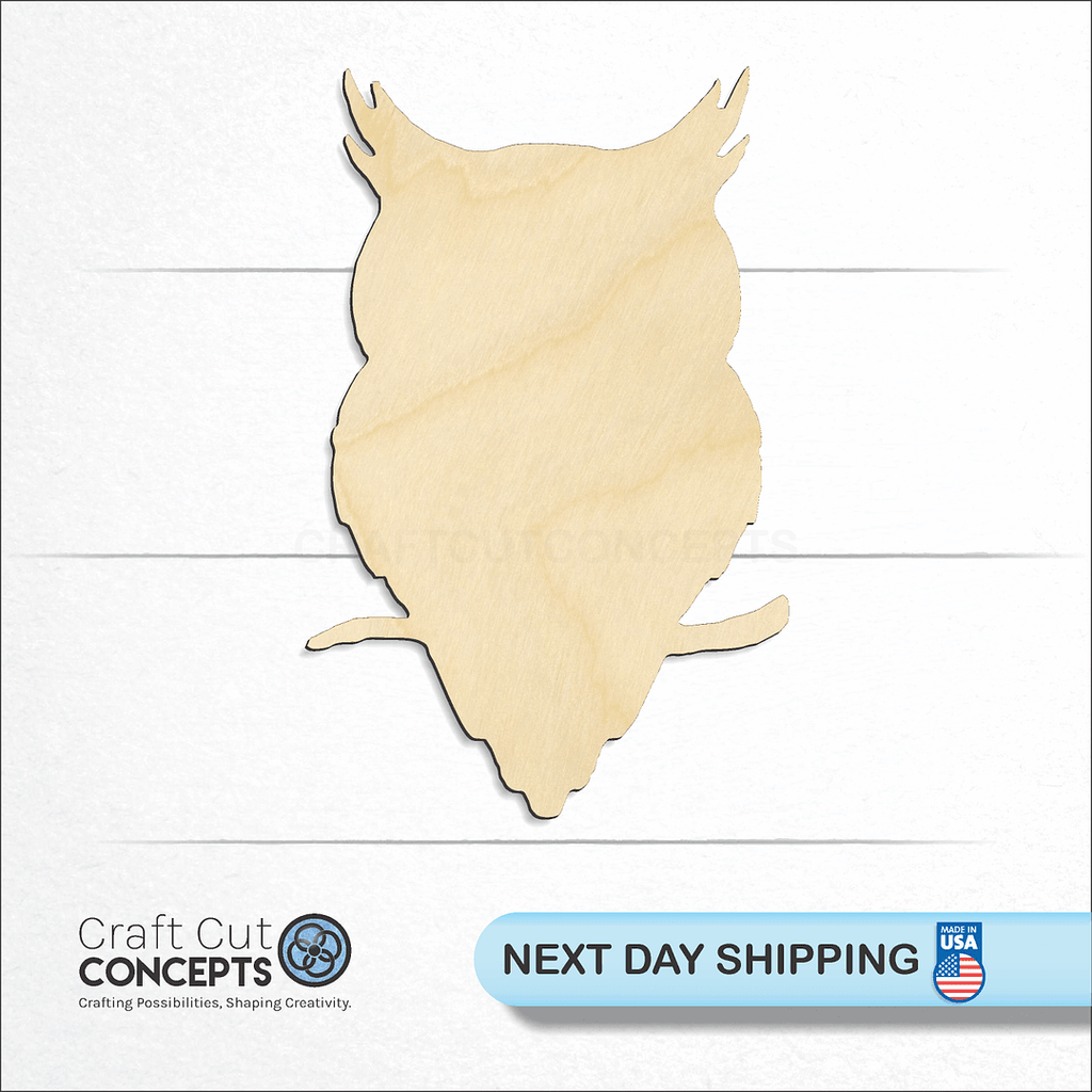 Craft Cut Concepts logo and next day shipping banner with an unfinished wood Owl craft shape and blank