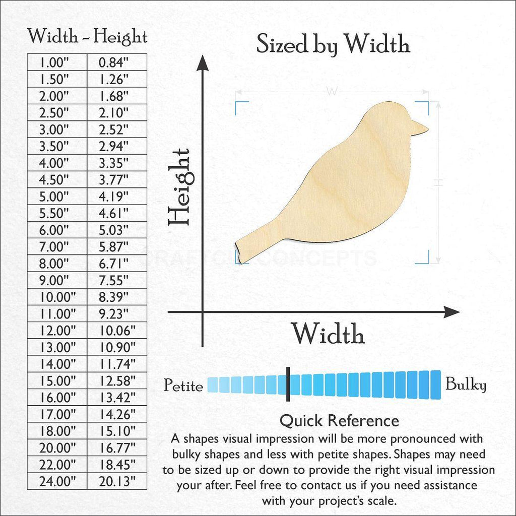 Sizes available for a laser cut Simple Bird craft blank