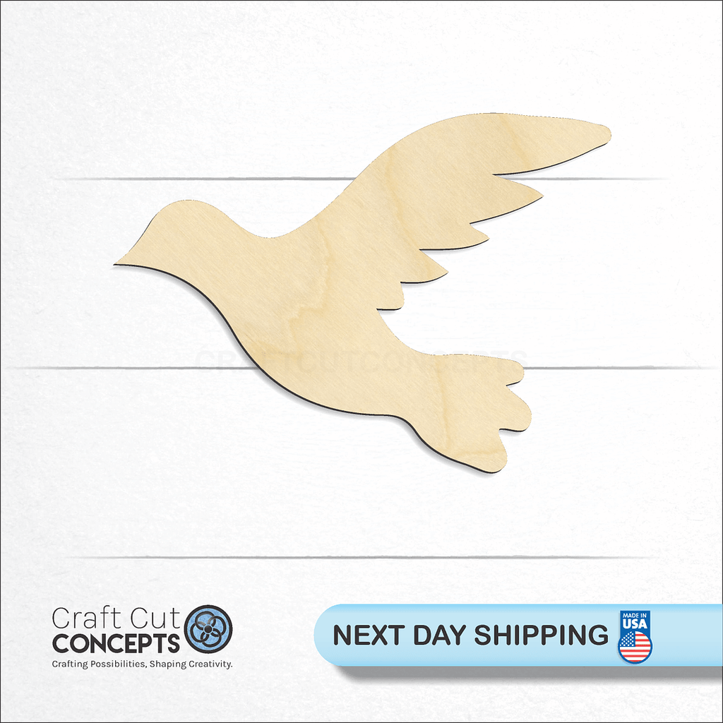 Craft Cut Concepts logo and next day shipping banner with an unfinished wood Flying Dove craft shape and blank