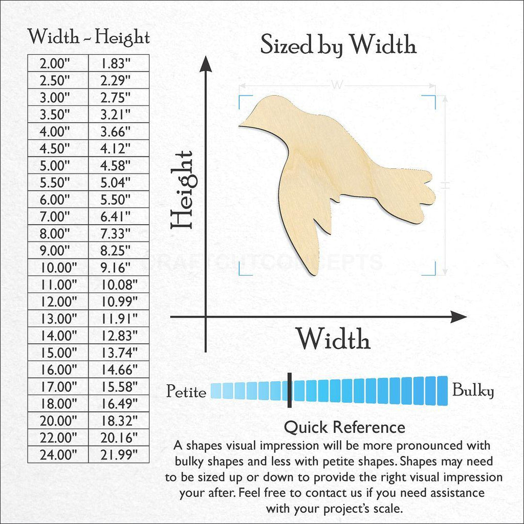 Sizes available for a laser cut Flying Dove craft blank