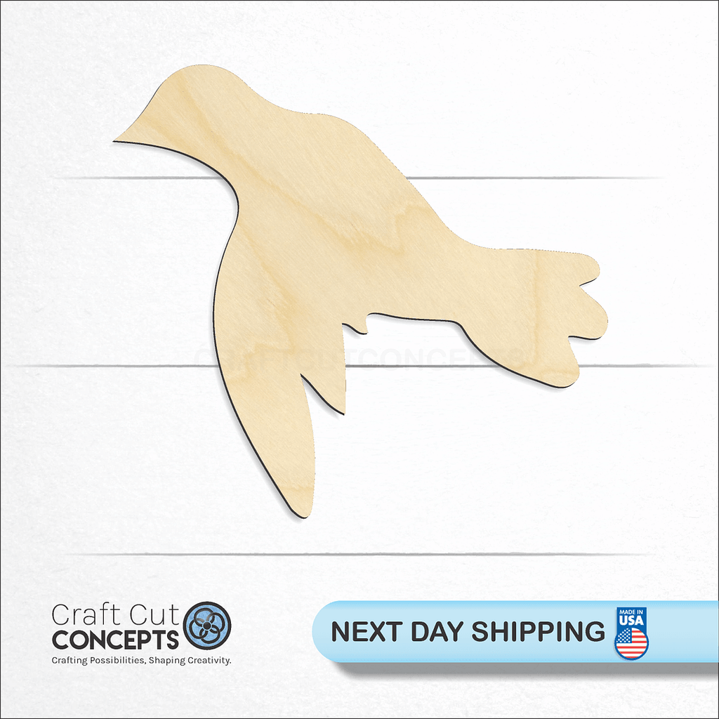 Craft Cut Concepts logo and next day shipping banner with an unfinished wood Flying Dove craft shape and blank