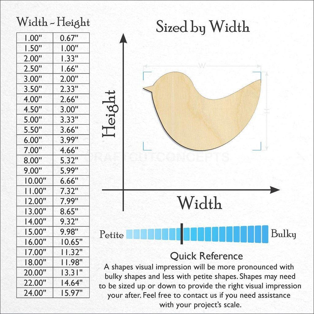 Sizes available for a laser cut Bird craft blank
