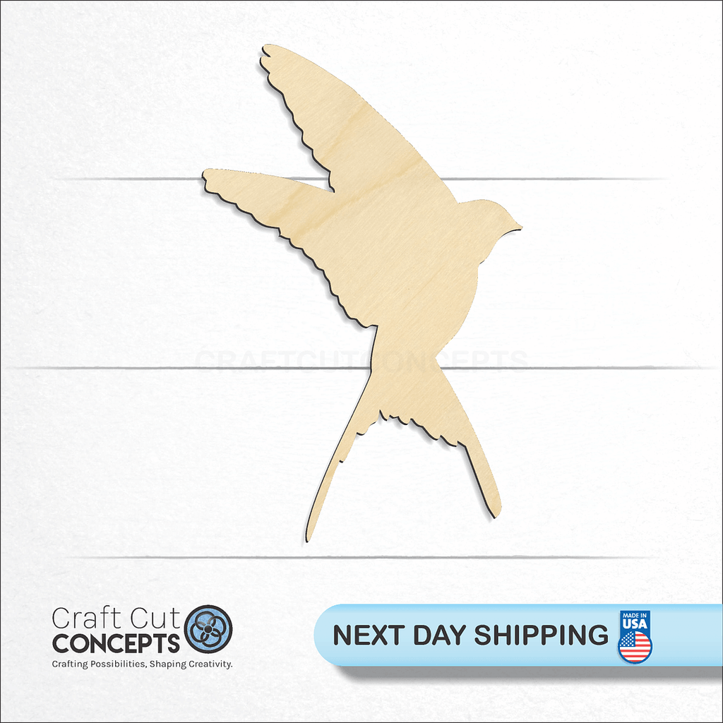 Craft Cut Concepts logo and next day shipping banner with an unfinished wood Swallow craft shape and blank