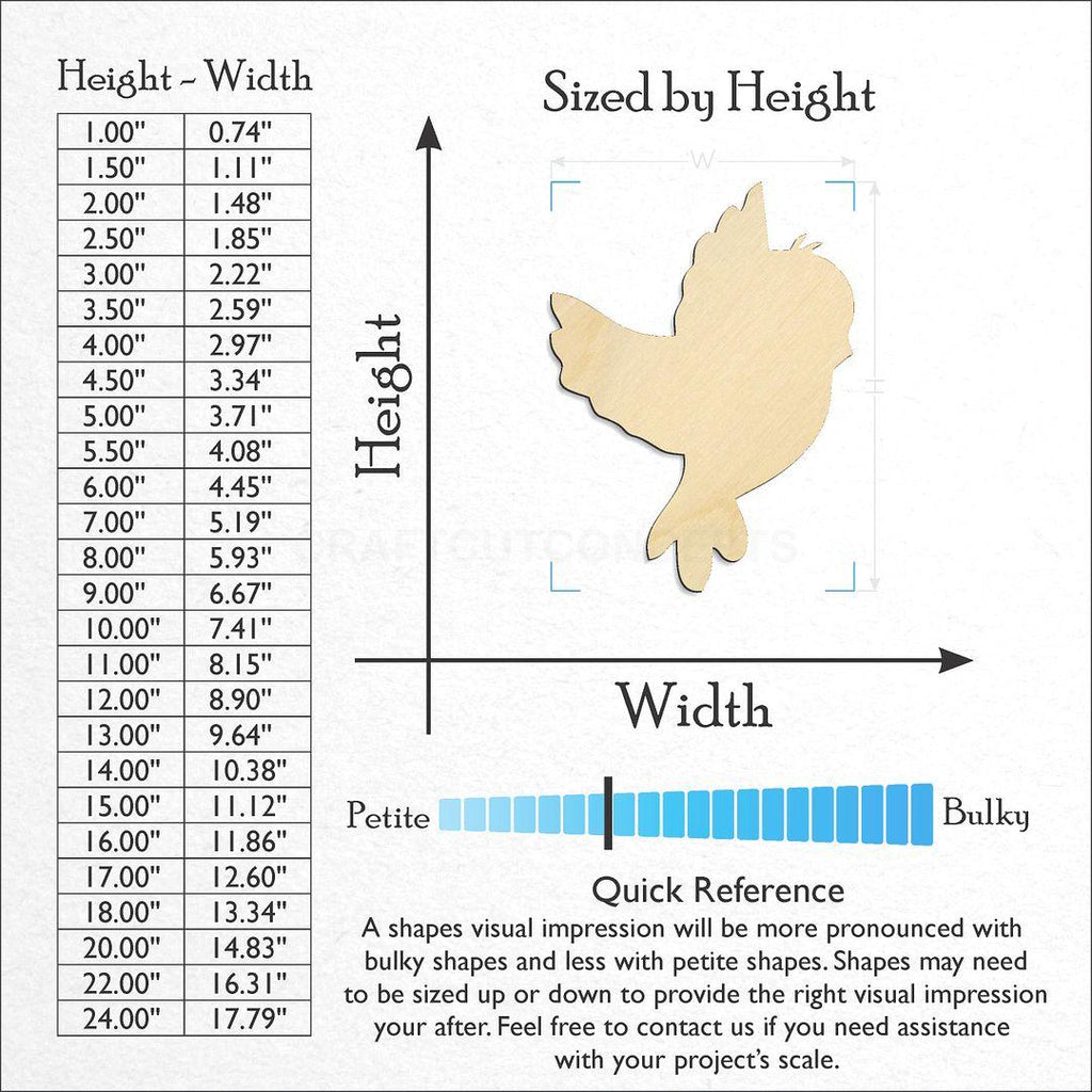 Sizes available for a laser cut Cartoon Bird craft blank