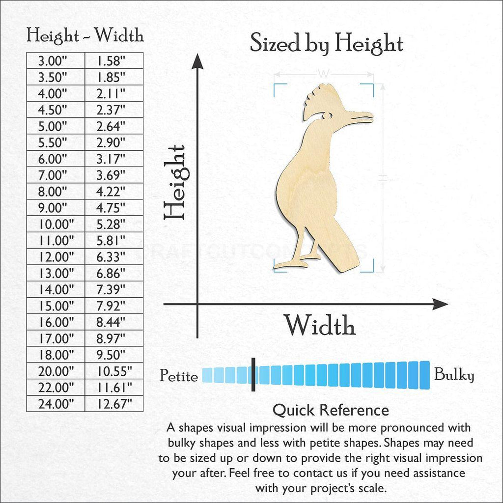 Sizes available for a laser cut Roadrunner craft blank