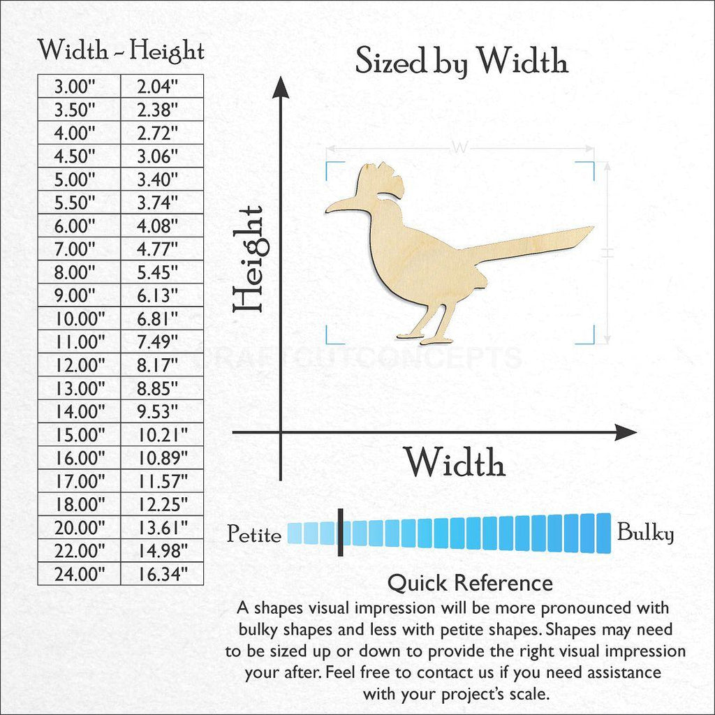 Sizes available for a laser cut Roadrunner craft blank