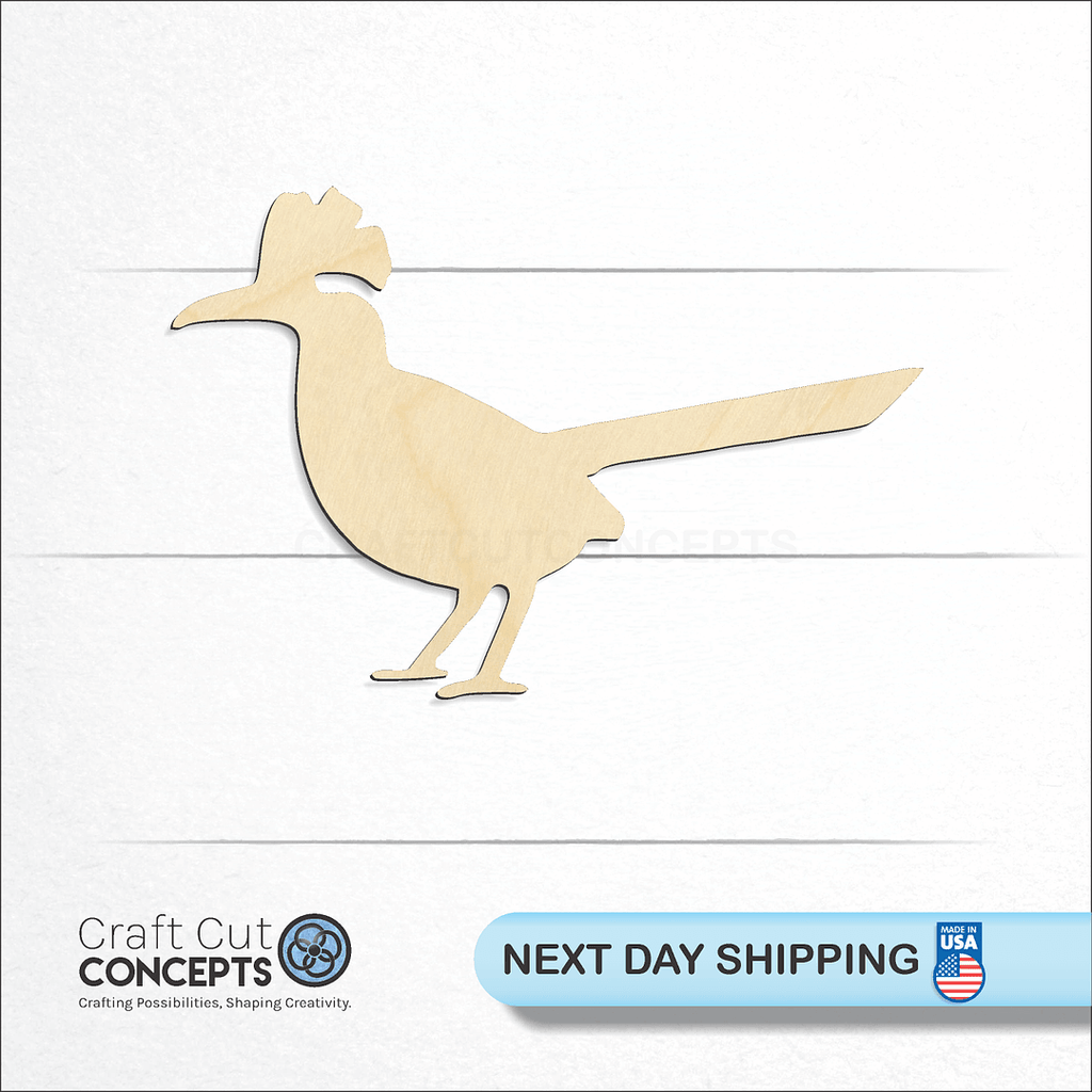 Craft Cut Concepts logo and next day shipping banner with an unfinished wood Roadrunner craft shape and blank