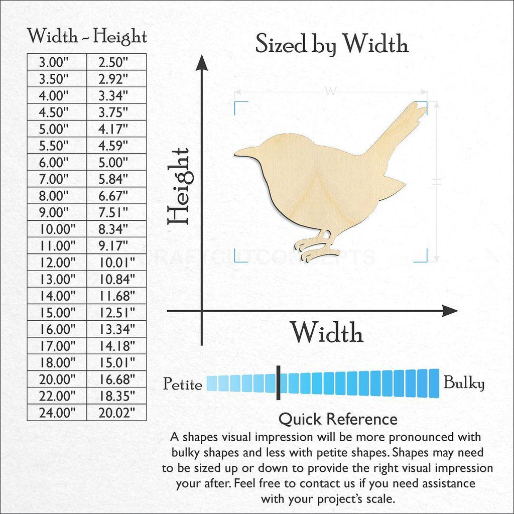 Sizes available for a laser cut Wren craft blank