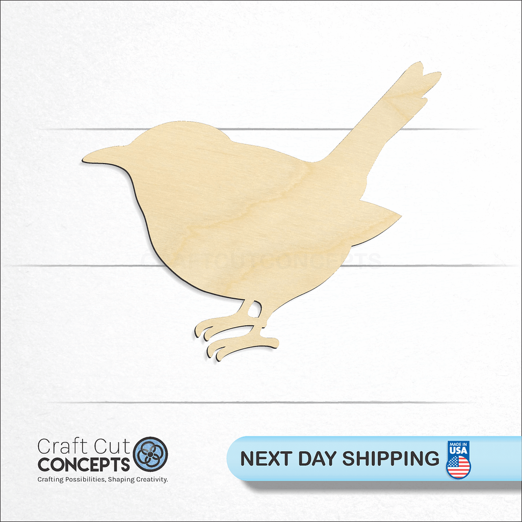 Craft Cut Concepts logo and next day shipping banner with an unfinished wood Wren craft shape and blank