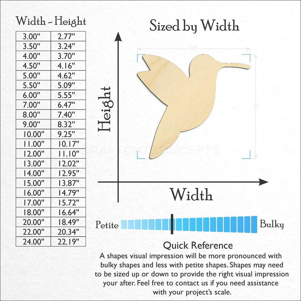 Sizes available for a laser cut Hummingbird craft blank